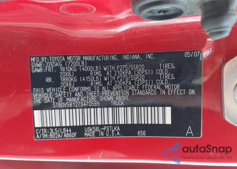 2007 Toyota Tundra Limited 5.7L V8 z USA, uszkodzony, nr VIN 5TBDV58127S470589